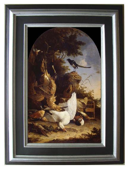 framed  REMBRANDT Harmenszoon van Rijn A hunter-s Bag near a tree stump with a magpie,known as the contemplative Magpie, Ta116